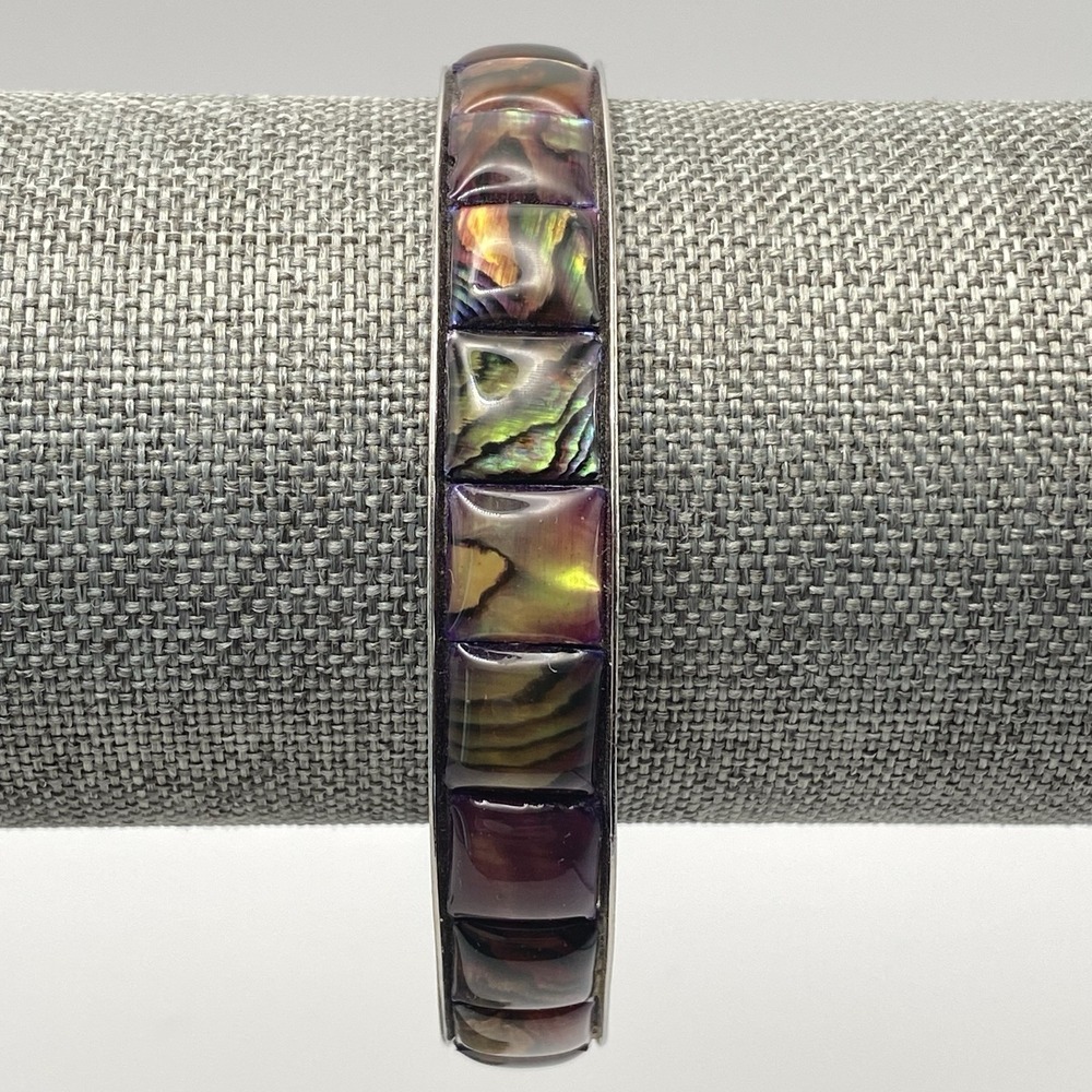 Unsigned Silver Tone Abalone Shell Bangle Vintage Multicolor 2.5"